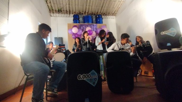 Estudiantes con instrumentos durante una presentación en el colegio